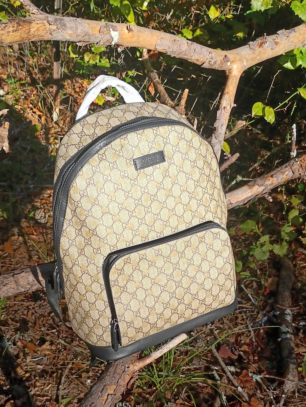 Canvas Backpack with Black Trim and Logo Plaque